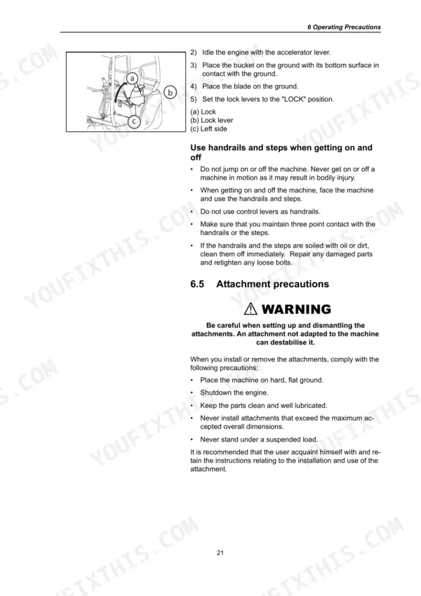 Operating precautions, lock lever diagram, and attachment safety guide.