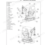 Yanmar SV15 Machine component identification diagram and parts list.