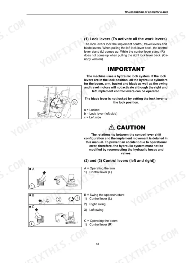 Operator area manual showing lock lever and control lever operations.