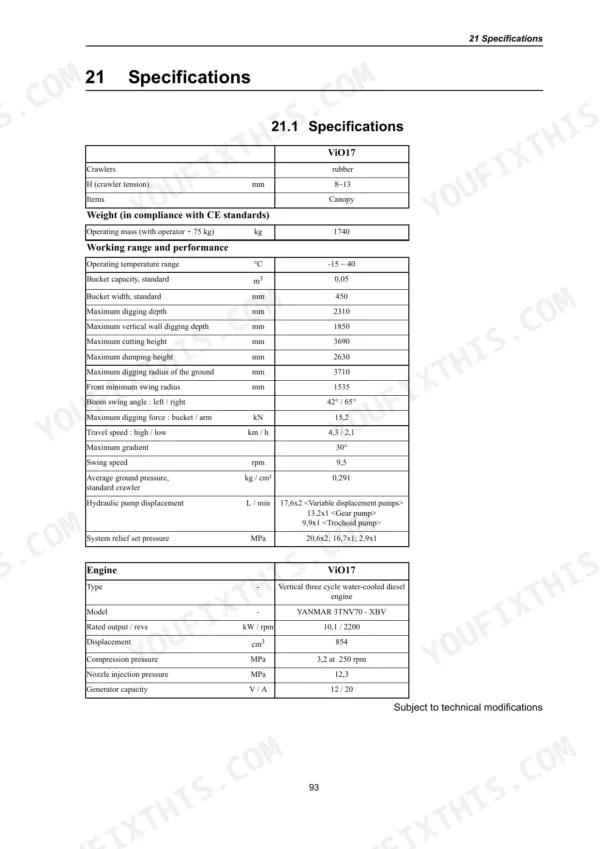 Specifications table showing operating mass, performance, hydraulic, and engine data.