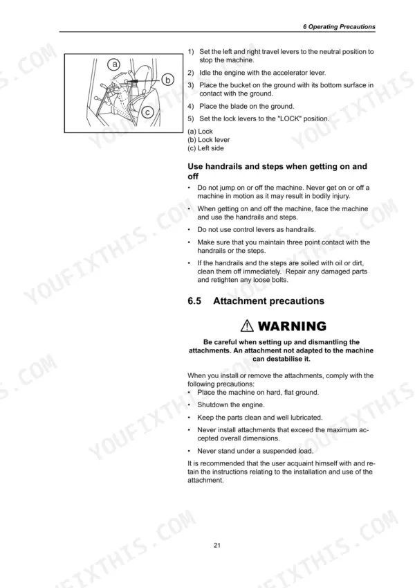 Manual page showing machine parking and attachment safety procedures.