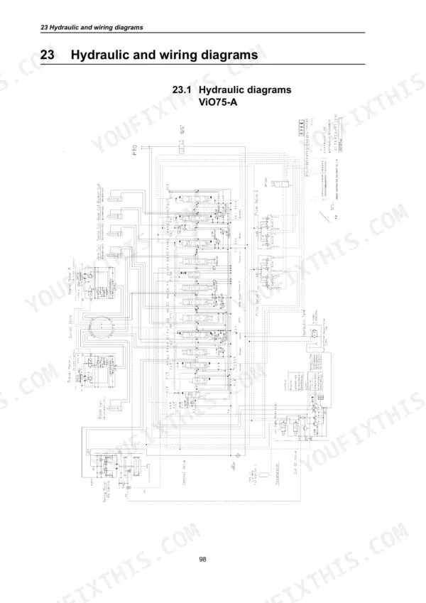 Hydraulic system diagram showing control valve and pump circuits.