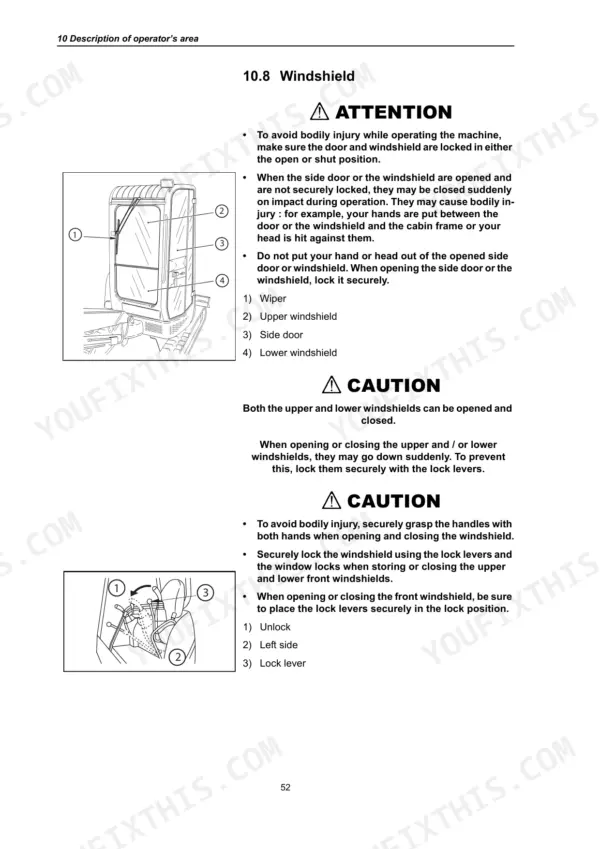 Operation manual page for windshield and side door safety procedures.