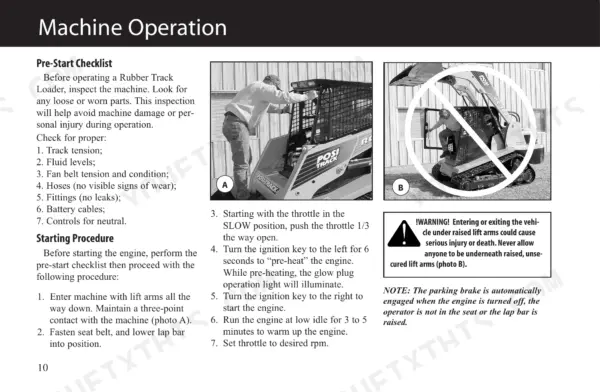 ASV RC-50, RC-50 Turf Edition, RC-60, RC-30 machine operation, pre-start checklist, and engine starting procedures.