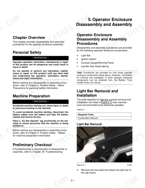 ASV RC-50, RC-50 Turf Edition, RC-60, RC-30 operator enclosure disassembly and light bar removal procedures.