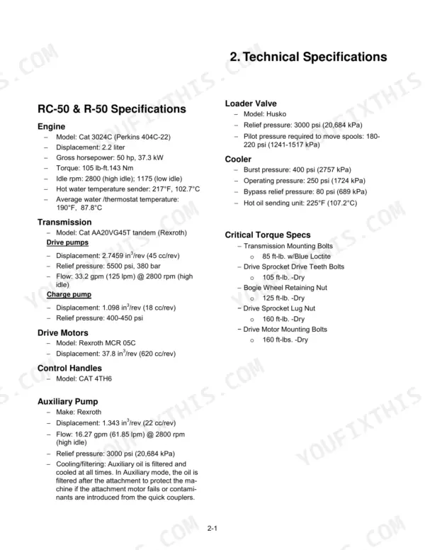 ASV RC-50, RC-50 Turf Edition, RC-60, RC-30 technical specifications, engine, transmission, and torque settings table.