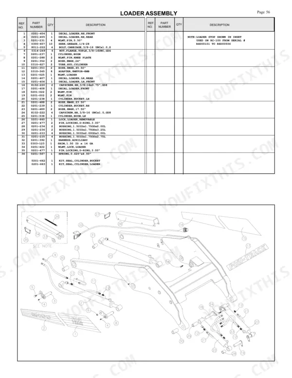 ASV RC-85, RC-100 loader assembly parts list and exploded view diagram showing boom, cylinders, and hardware components.