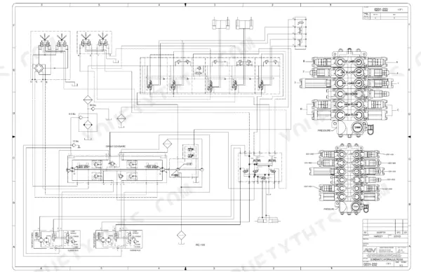 ASV RC-85, RC-100 hydraulic circuit schematic showing main control valve assembly, auxiliary, and loader functions.