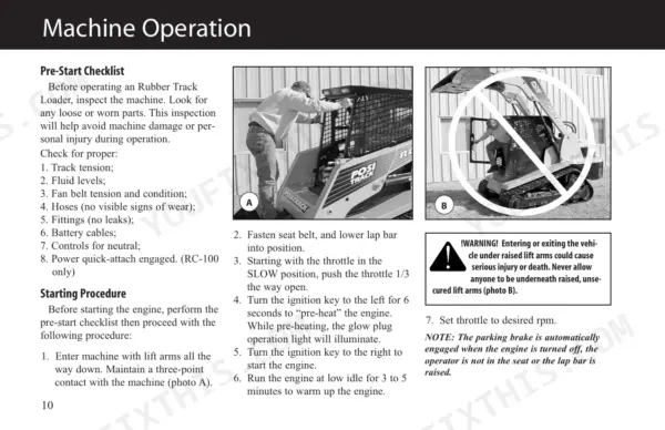 ASV RC-85, RC-100 machine operation manual page showing pre-start checklist, starting procedures, and safety warnings.
