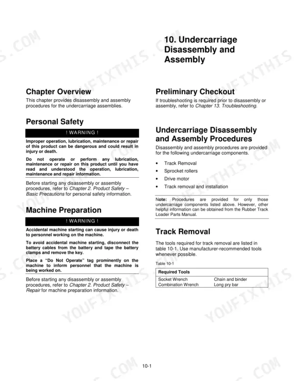 ASV RC-85, RC-100 undercarriage disassembly and assembly procedures, safety warnings, and track removal tool list.