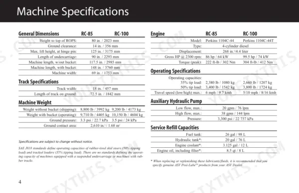 ASV RC-85, RC-100 machine specifications table including engine, dimensions, track, weight, hydraulics, and refill capacities.