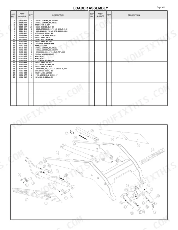 ASV RC-85 loader assembly parts list and exploded view diagram showing boom cylinders, hoses, and decals.