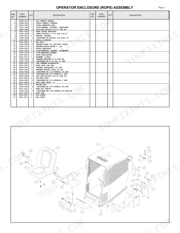 ASV RC-85 operator enclosure ROPS assembly parts list and exploded view diagram showing cab components and hardware.