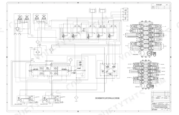 ASV RC-85 hydraulic circuit schematic showing control valve bank, auxiliary flow, and loader functions.