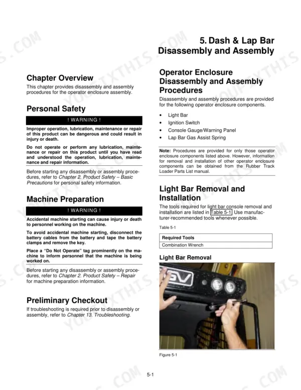 ASV RC-85 service manual page for dash and lap bar disassembly, light bar removal procedures, and safety precautions.
