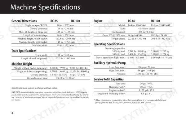 ASV RC-85 and RC-100 machine specifications table including dimensions, engine, weight, hydraulic, and refill capacities.