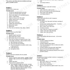 ASV RC-85 troubleshooting guide for engine starting, hydraulic, and auxiliary function problems and causes.