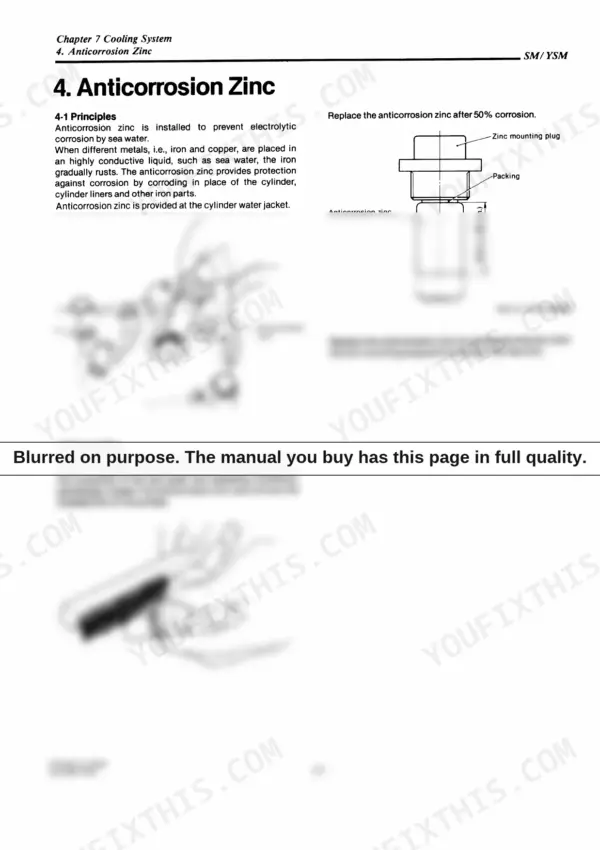 Cooling system anticorrosion zinc replacement procedure from the YSM8-Y and YSM12-Y marine diesel service manual.
