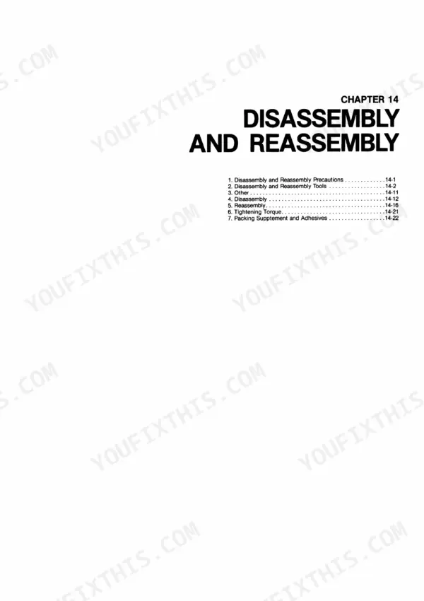 Chapter 14 Disassembly and Reassembly table of contents from the Yanmar YSM Series service manual.