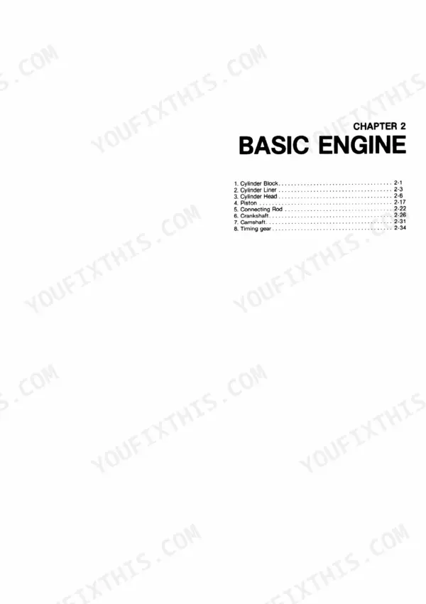 Chapter 2 Basic Engine table of contents from the Yanmar YSM Series service manual listing components and page numbers.