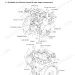 Yanmar ViO12-2A engine exploded view showing fuel pump, alternator, cooling fan, and major engine components.