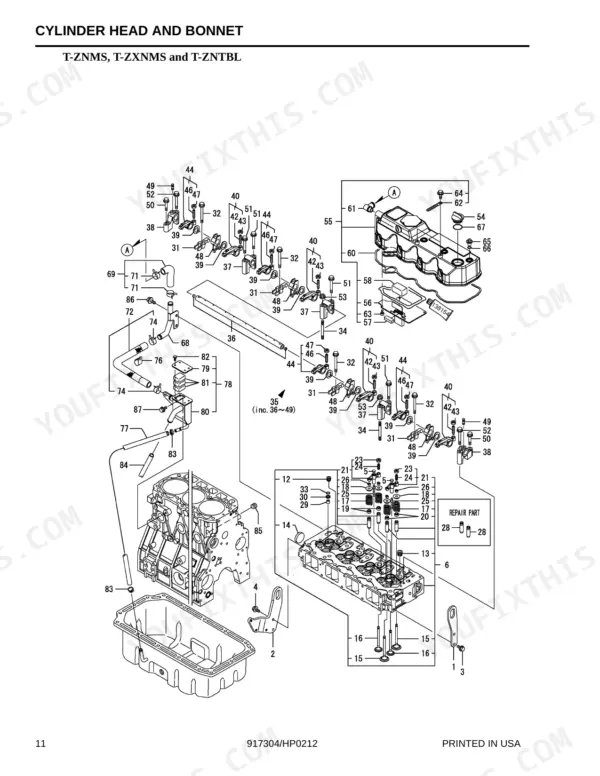 Yanmar 4TNV98-ZNMS series exploded view diagram of cylinder head, bonnet, valves, and rocker arm assembly components.