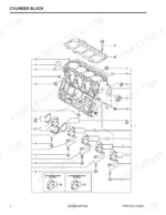 b7c137a1-b-exploded-view-4 Yanmar 4TNV98-ZNMS engine cylinder block exploded view showing main bearings, caps, and head gasket assembly.