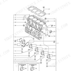 Yanmar 4TNV98-ZNMS engine cylinder block exploded view showing main bearings, caps, and head gasket assembly.