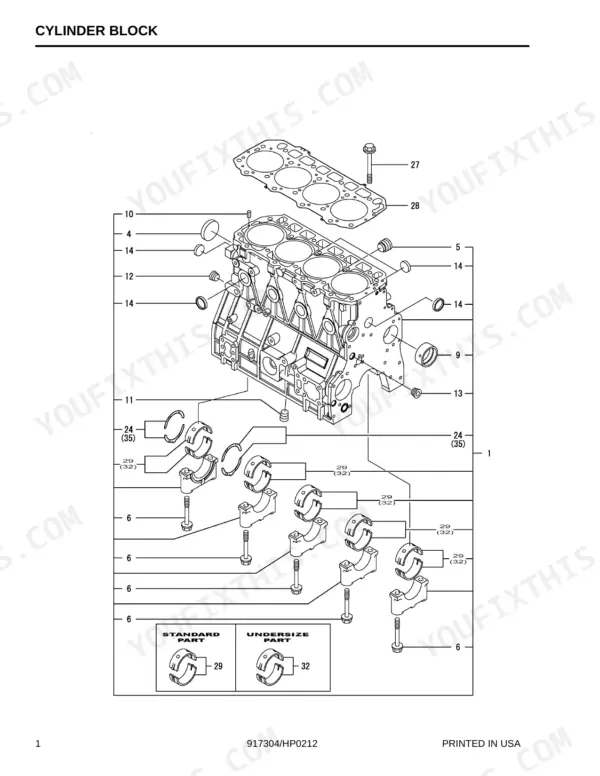 b7c137a1-b-exploded-view-4 Yanmar 4TNV98-ZNMS engine cylinder block exploded view showing main bearings, caps, and head gasket assembly.