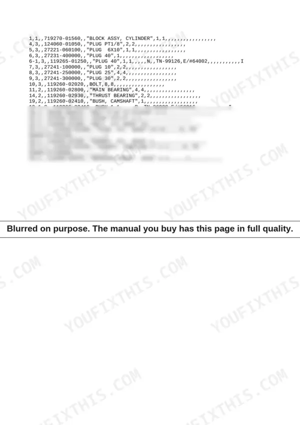 Yanmar 3TN66L-(E)UB, 3TN66L-(E) UB, 3TN66L-EUB, 3TN66L-UB parts list for cylinder block, plugs, bearings, and head studs.