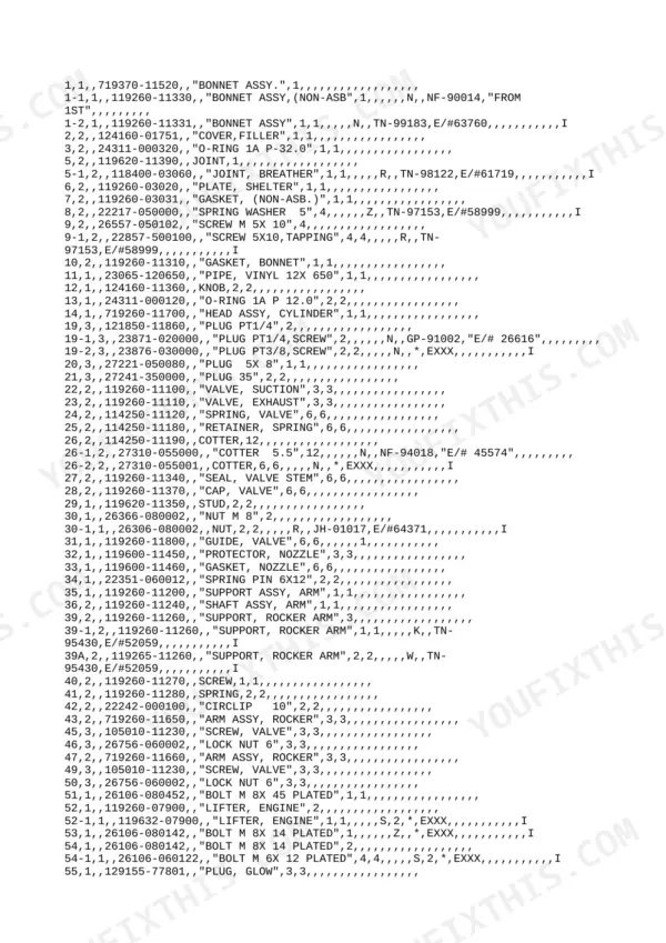 Yanmar 3TN66L-(E)UB, 3TN66L-(E) UB, 3TN66L-EUB, 3TN66L-UB parts list for cylinder head, valves, and rocker arm components.