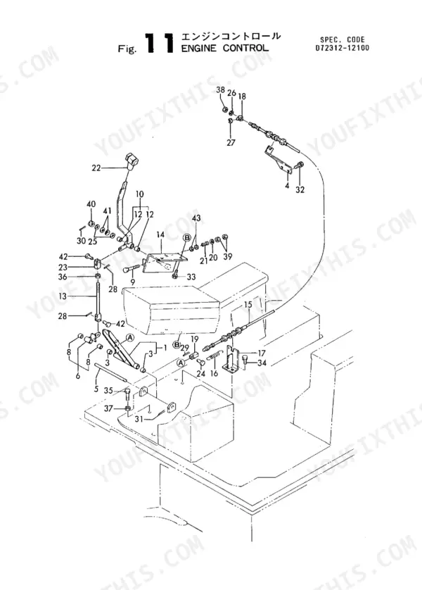 ba9e2aa4-b-exploded-view-28 Yanmar YB401W, YB401W-2 exploded view diagram of the engine control system components and linkage assembly.