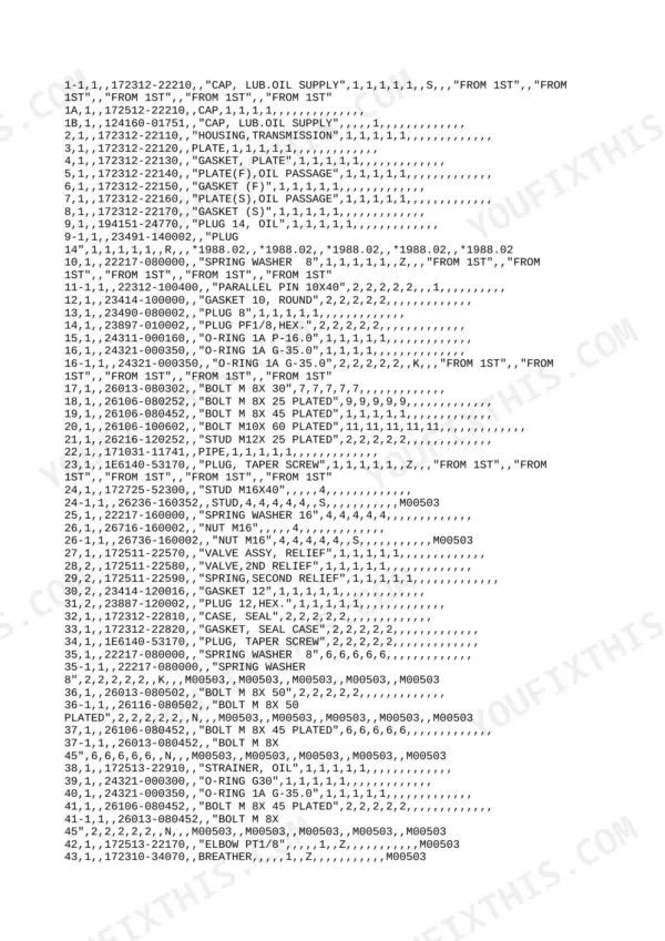 Yanmar YB401W, YB401W-2 parts list for transmission housing, gaskets, bolts, and relief valves with part numbers.