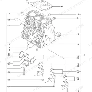 Yanmar 3TNV88-XBV exploded view of cylinder block, main bearings, and head gasket assembly components.
