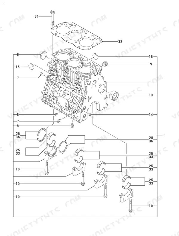 bb198701-b-exploded-view-3 Yanmar 3TNV88-XBV exploded view of cylinder block, main bearings, and head gasket assembly components.