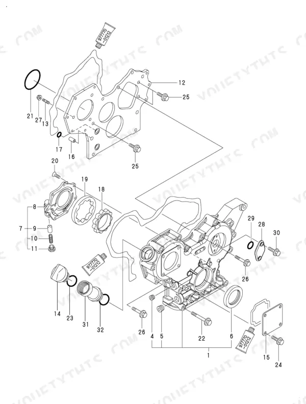Yanmar 3TNV88-XBV exploded view of the gear case and oil pump assembly showing gaskets, seals, and mounting hardware.