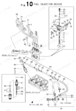 bce79241-b-exploded-view-21 Yanmar 3TNE68-ENBAC exploded view of fuel injection device, fuel lines, and fuel strainer components.