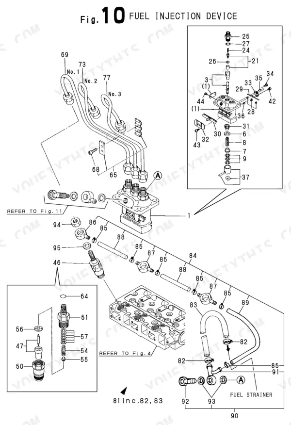 Yanmar 3TNE68-ENBAC exploded view of fuel injection device, fuel lines, and fuel strainer components.