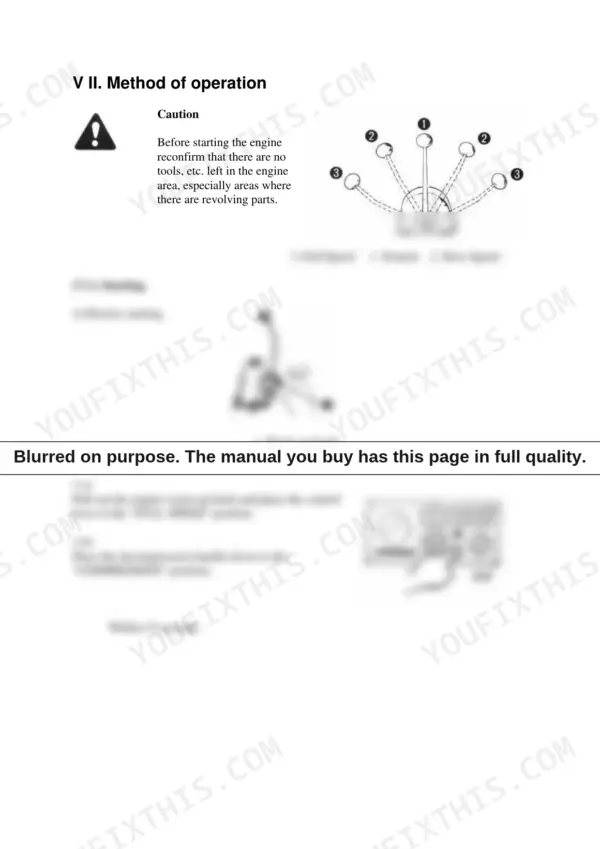 bcf4476a-b-operations-27 Yanmar 1GM, 2GM, 3GMD, 3HM engine operation manual showing control lever positions, warm up knob, and electric starting procedure.