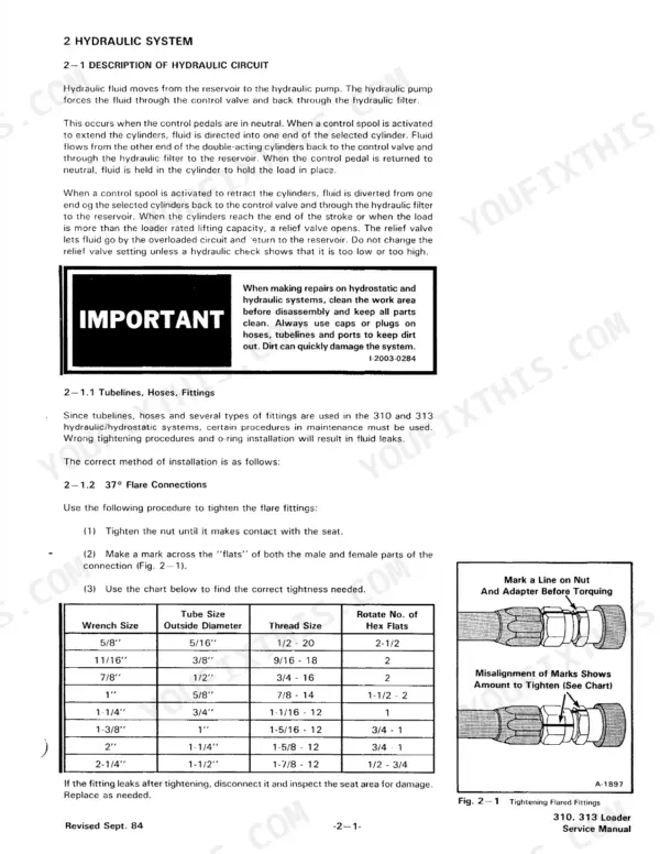 Bobcat 310, 313 hydraulic system description, 37-degree flare connection tightening procedure, and torque chart for fittings.