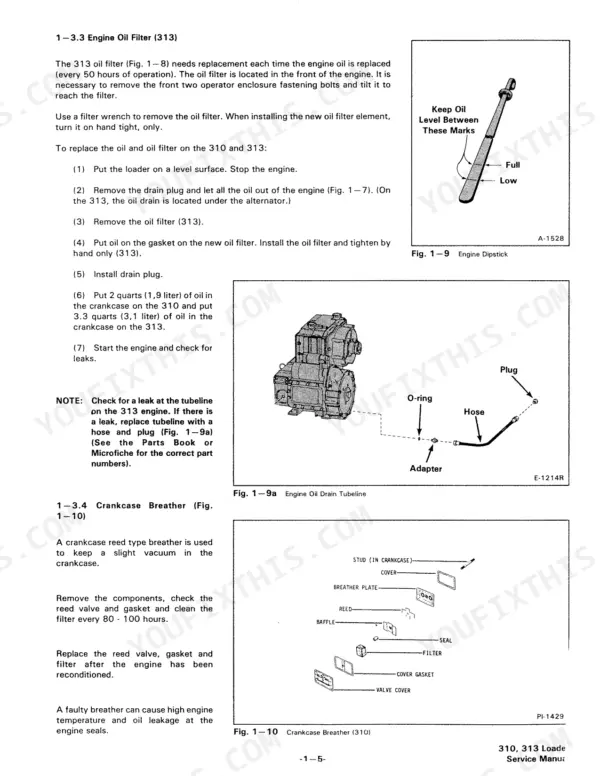 Bobcat 310, 313 service manual: engine oil filter replacement, oil drain tubeline diagram, and crankcase breather exploded view.