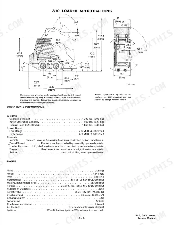 Bobcat 310, 313 loader dimensional diagram, operation performance weights, travel speeds, and Kohler K341-QS engine specifications.