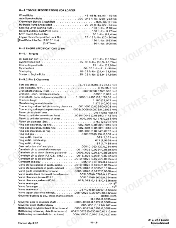 Bobcat 310, 313 service manual torque specifications, engine specs, and fits and clearances table for loader components.
