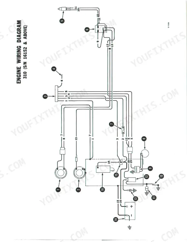 Bobcat 310, 313 engine wiring diagram for S/N 16152 and above, showing electrical components, battery, and connections.