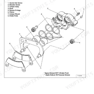Bobcat 3400, 3400XL exploded view diagram of front brake caliper parts including piston, seals, and brake pads.