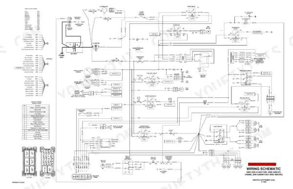 Bobcat 3400, 3400XL complete electrical wiring schematic diagram showing VCM pinouts, relays, and component connections.