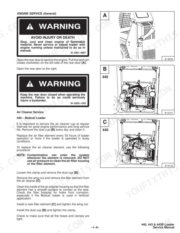 Bobcat 440, 443, 443B service manual page showing engine service warnings and air cleaner maintenance procedures.
