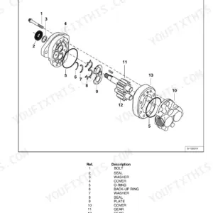 Bobcat 463 hydraulic pump exploded view diagram showing gears, seals, O-rings, and covers with parts identification list.