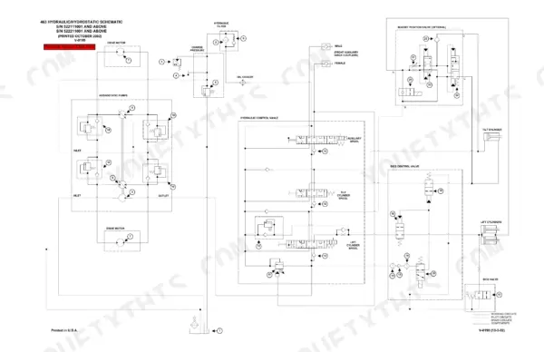 Bobcat 463 hydraulic and hydrostatic schematic showing pumps, control valves, lift and tilt cylinders, and BICS valve.
