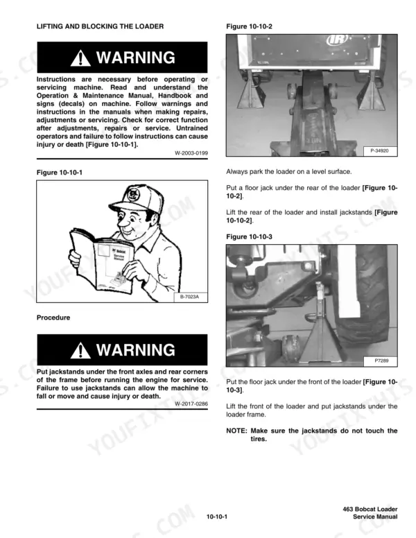 Bobcat 463 service manual page showing procedures for lifting and blocking the loader using a floor jack and jackstands.